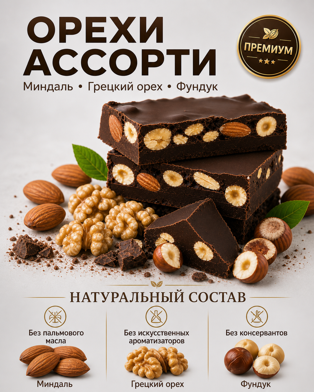Горький шоколад с орехами ассорти в брикете