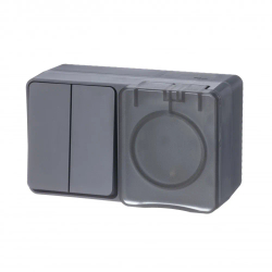 ATLASDESIGN PROFI IP54 О/У БЛОК: РОЗЕТКА с заземл. со шт., 16А, ВЫКЛЮЧАТЕЛЬ 2-клав., 10АХ, АНТРАЦИТ