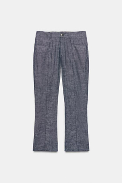 ZARA УКОРОЧЕННЫЕ БРЮКИ MINI FLARE ИЗ СМЕСОВОГО ЛЬНА, СЕРЫЙ