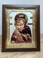 Владимирская БМ, икона прямоугольная в рамке под стеклом, красный киот, эмаль 232х280