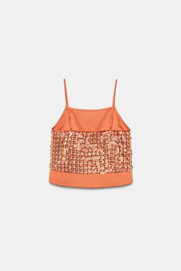 ZARA КРОП-ТОП С ПАЙЕТКАМИ, ОРАНЖЕВЫЙ