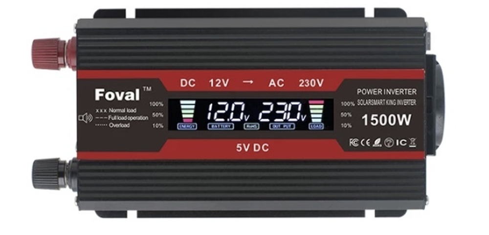 Инвертор 12V-220V 1500W черный с дисплеем Foval