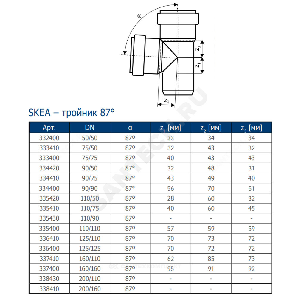 Тройник PP-MD бесшумный светло-серый Skolan Safe SKEA Дн 58х58х87гр (DN50) б/нап в/к Ostendorf 332400