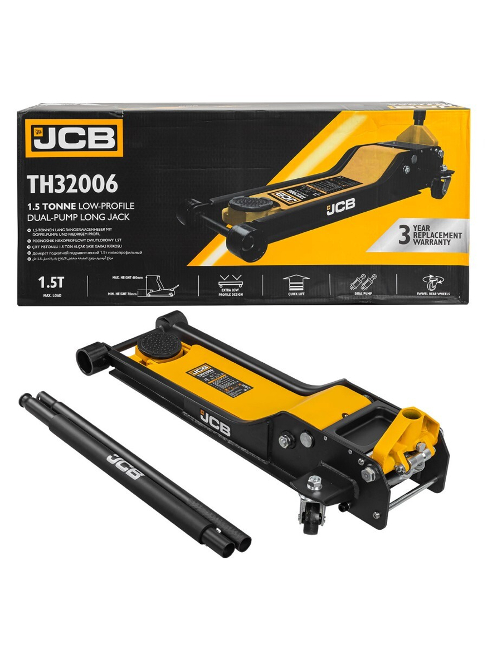 Домкрат подкатной гидравлический 1.5т (h min 70мм, h max 610мм) JCB JCB-TH32006