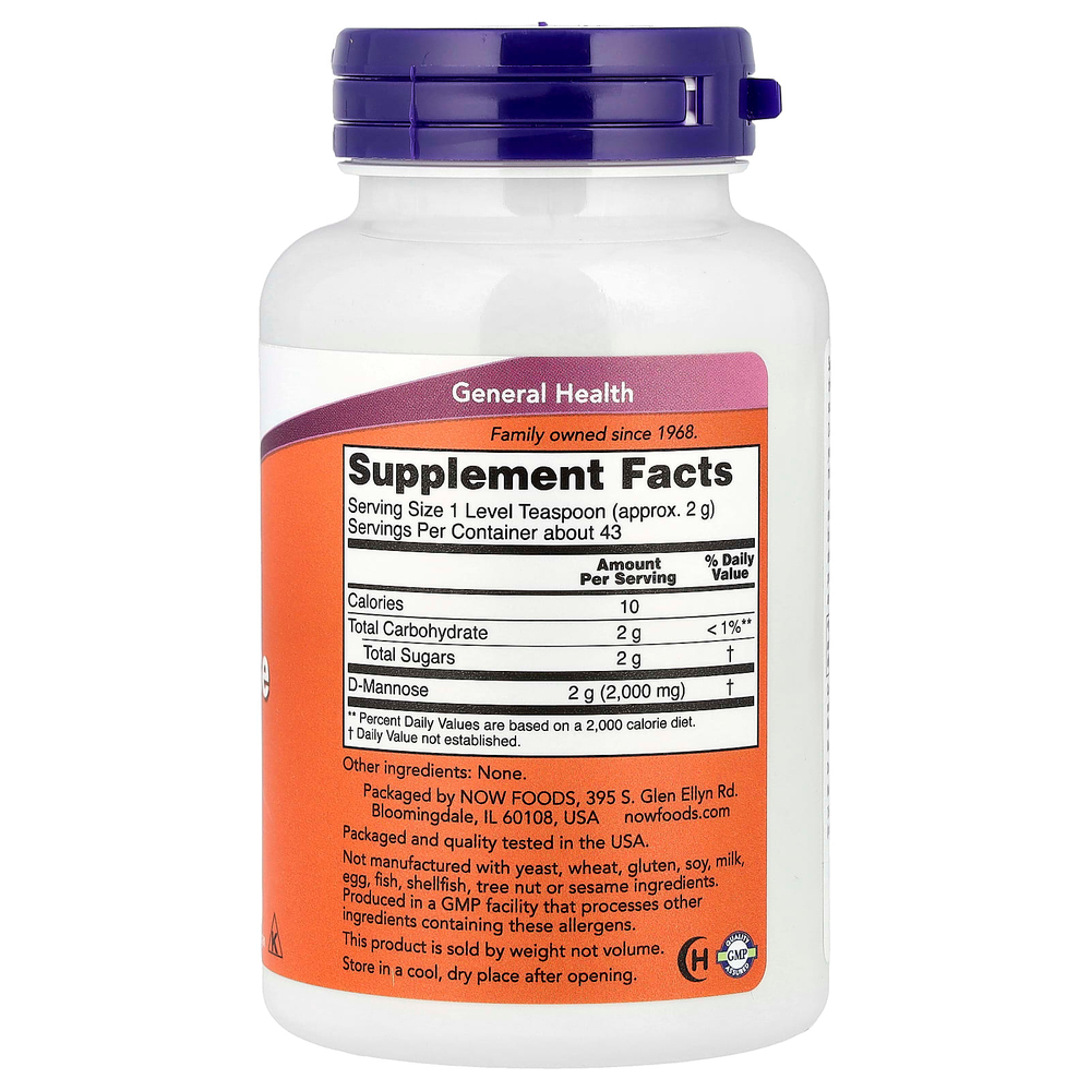 NOW Foods, D-манноза, сертифицированный органический чистый порошок, 85 г (3 унции)