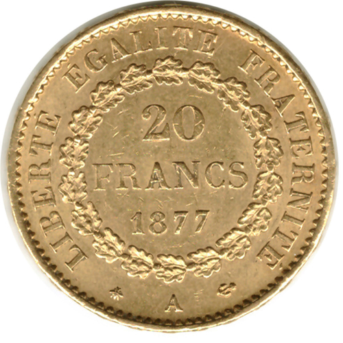 20 франков 1877 год. Франция (Ангел) XF. Золото 900 пробы