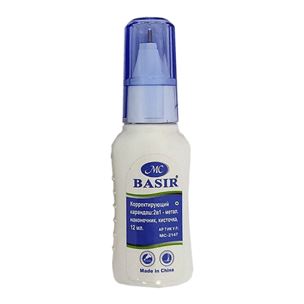 Корректирующая жидкость Basir 2в1 с кисточкой и металлическим наконечником, 12 мл, 24 шт