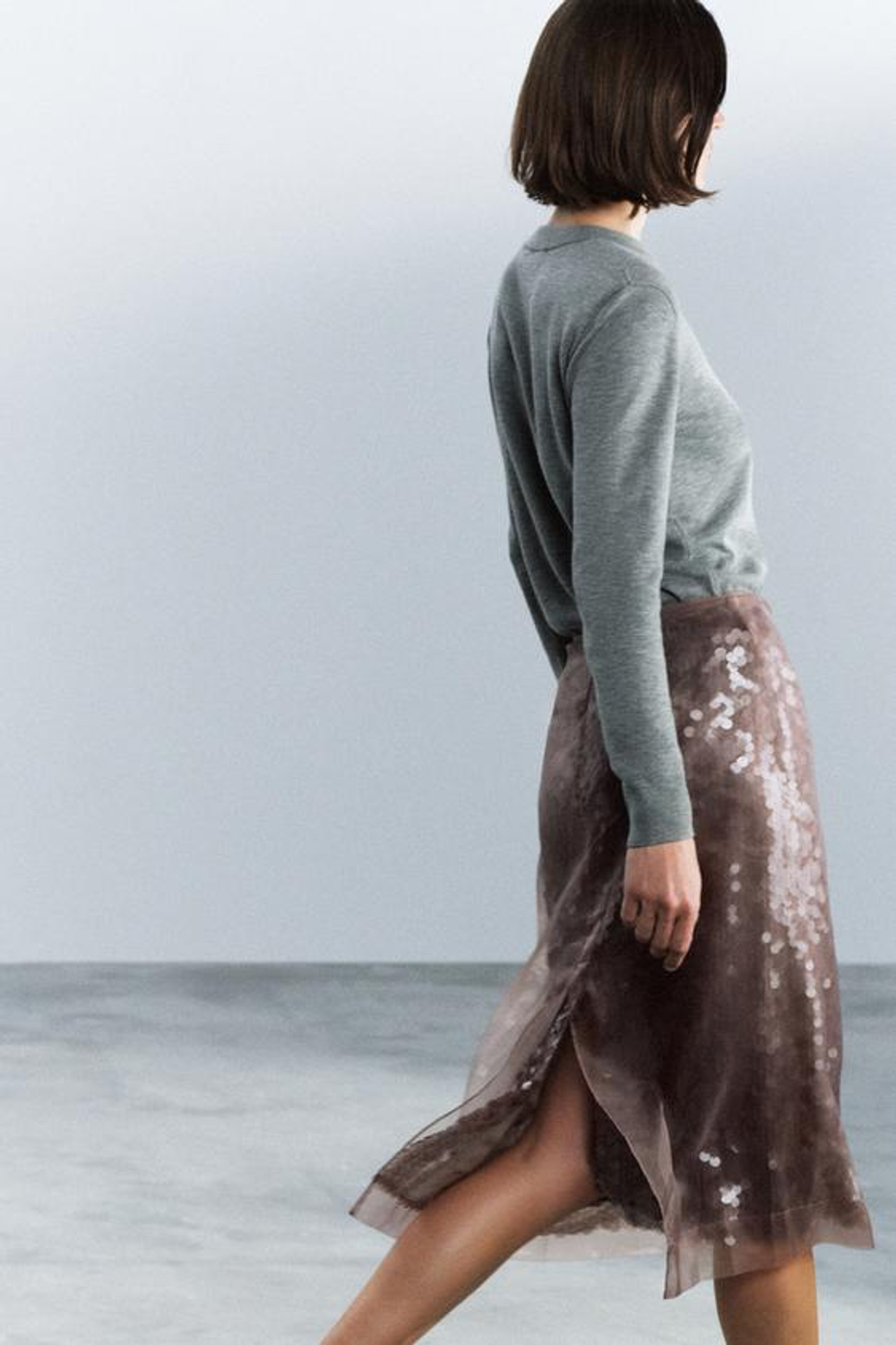ZARA ЮБКА МИДИ С ПАЙЕТКАМИ — ZW COLLECTION, СЕРО-КОРИЧНЕВЫЙ