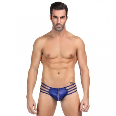 Кожаные мужские стринги Ohyeah Zipper Blue, на молнии со стрепами, S