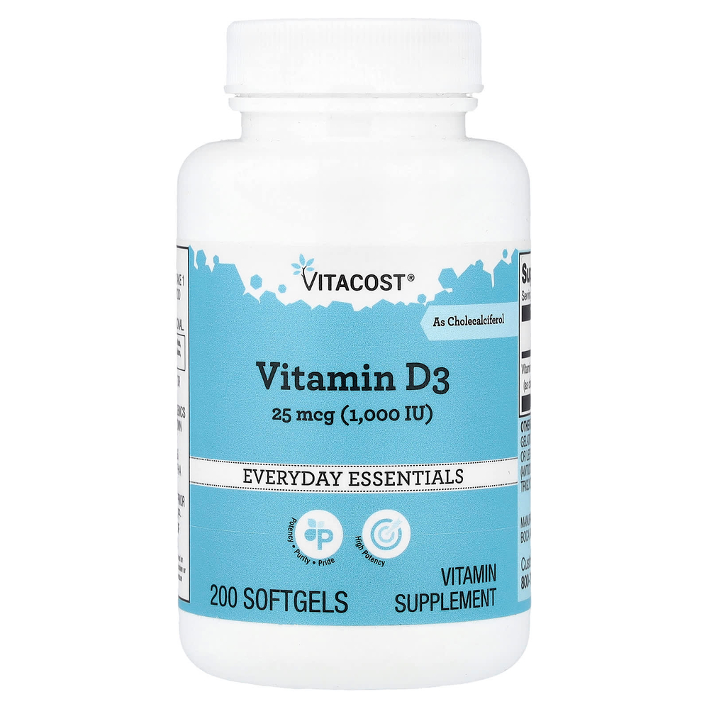 Vitacost, Витамин D3, 25 мкг (1000 МЕ), 200 мягких таблеток