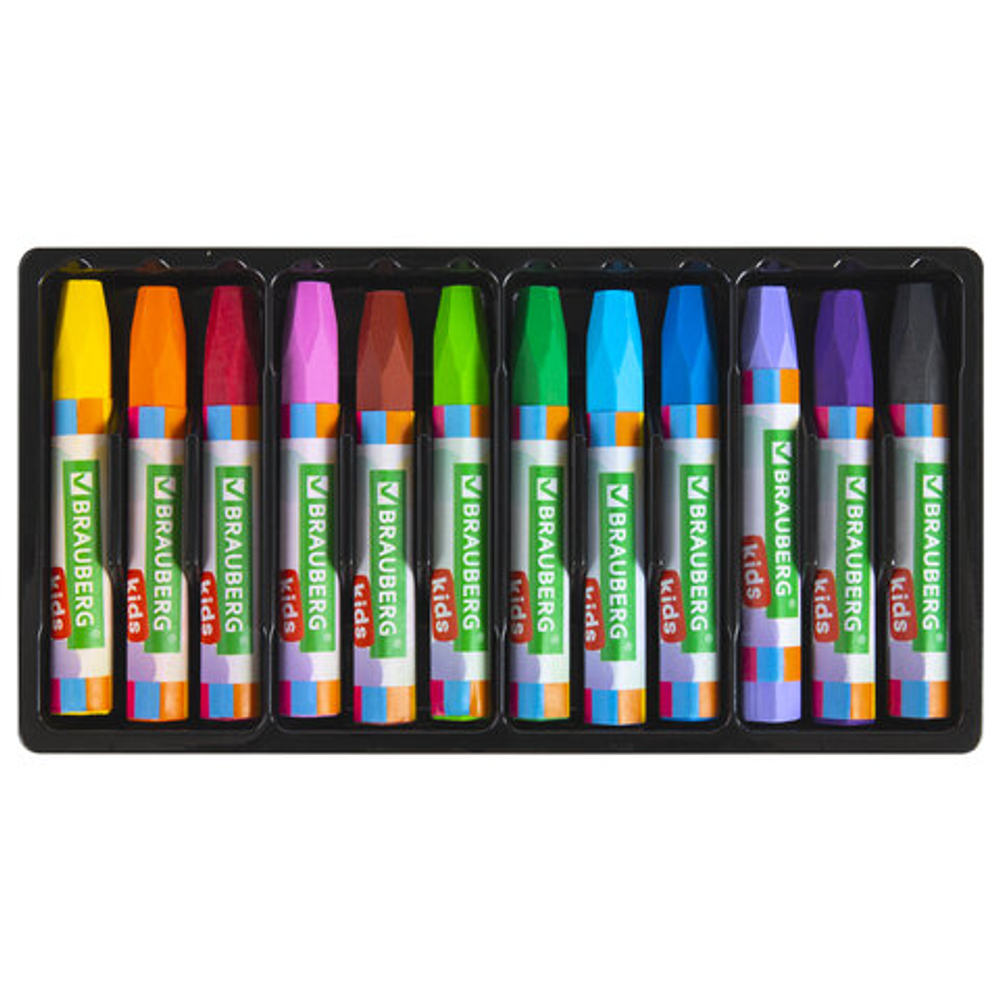 Восковые мелки утолщенные BRAUBERG KIDS, НАБОР 12 цветов, на масляной основе, яркие цвета