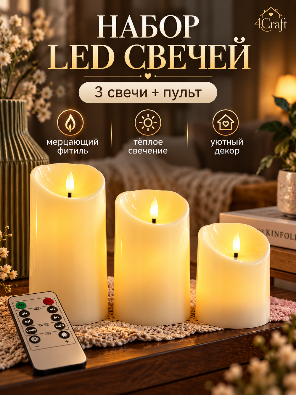Свечи светодиодные с неподвижным мерцающим фитилем (3 шт) с дистанционным управлением
