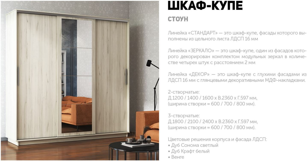 Шкаф-купе Стоун Декор 2-дверный