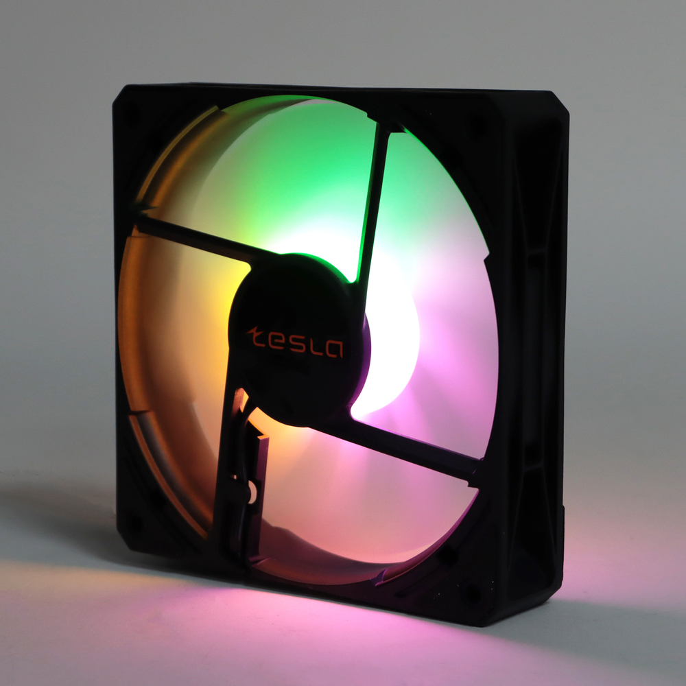 Вентилятор ТЕСЛА (TESLA) RGB120-LB, 120мм, 3-pin+Molex, черный-белый/FRGB, 1200rpm, 38CFM, 21дБ, антивибропрокладки (TSL-120-LB)