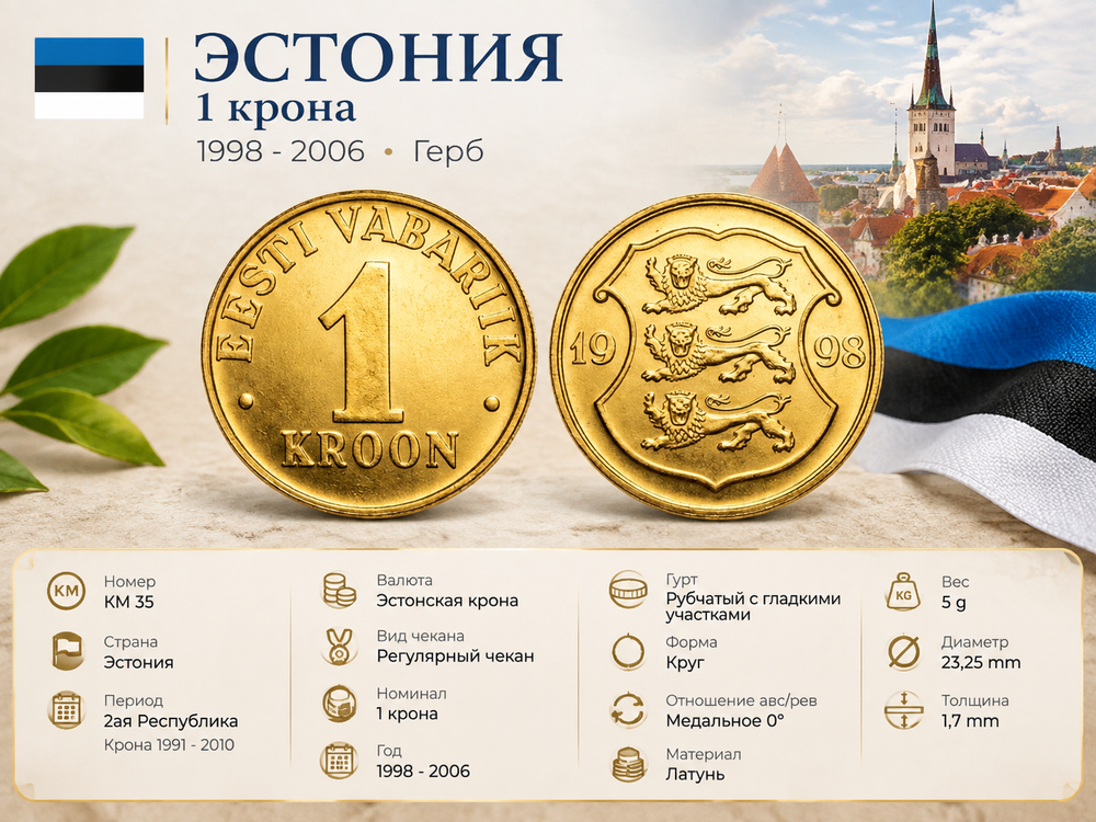 Эстония 1 крона, 1998 Герб XF