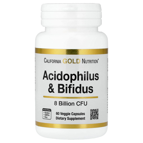 California Gold Nutrition, добавка с ацидофильными лактобактериями и бифидобактерями, смесь пробиотиков с ацидофильными лактобактериями, бифидобактериями лактис и бифидобактериями лонгум, 60 вегетарианских капсул