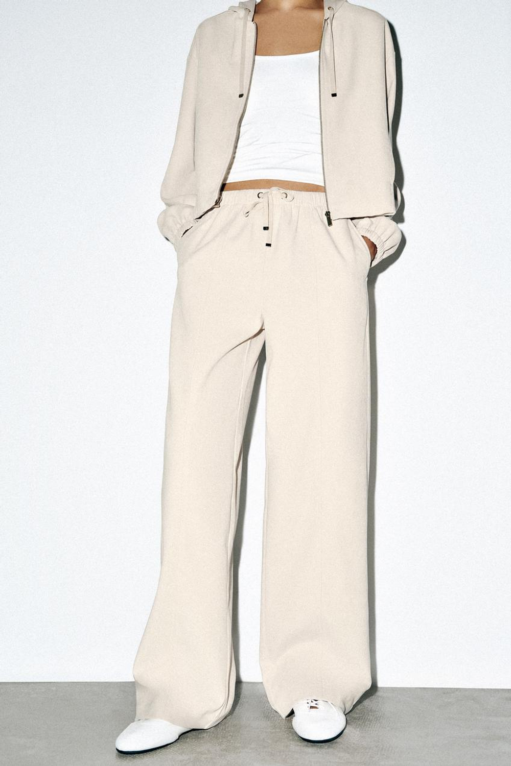 ZARA ШИРОКИЕ БРЮКИ С ЭЛАСТИЧНЫМ ПОЯСОМ, ЭКРЮ