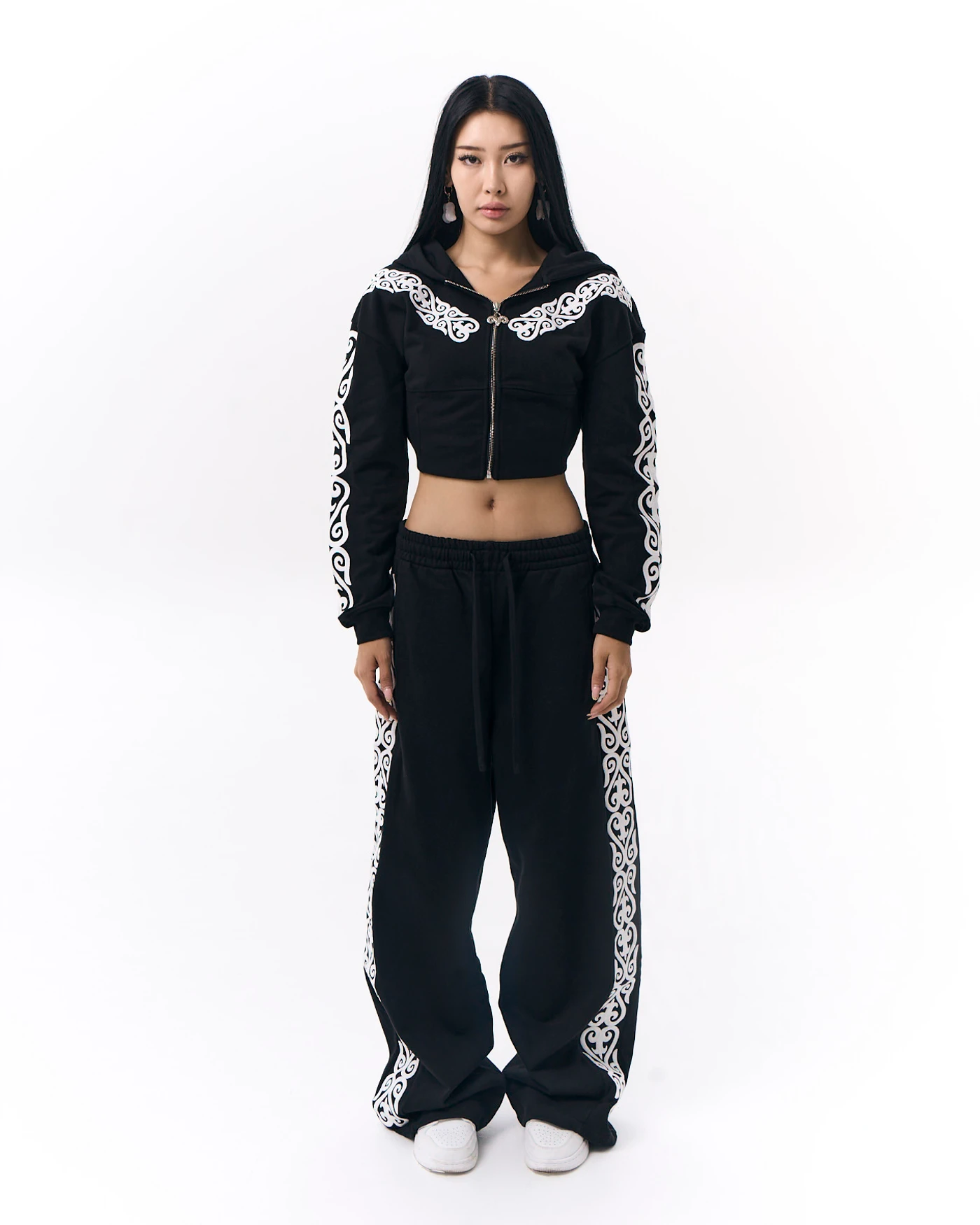 2-Piece Set: Jet Black Double Set with Decorative Embroidery