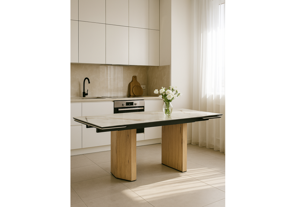 Керамический стол Woodville Монерон 180(240)x90 calacatta gold, дуб монтана