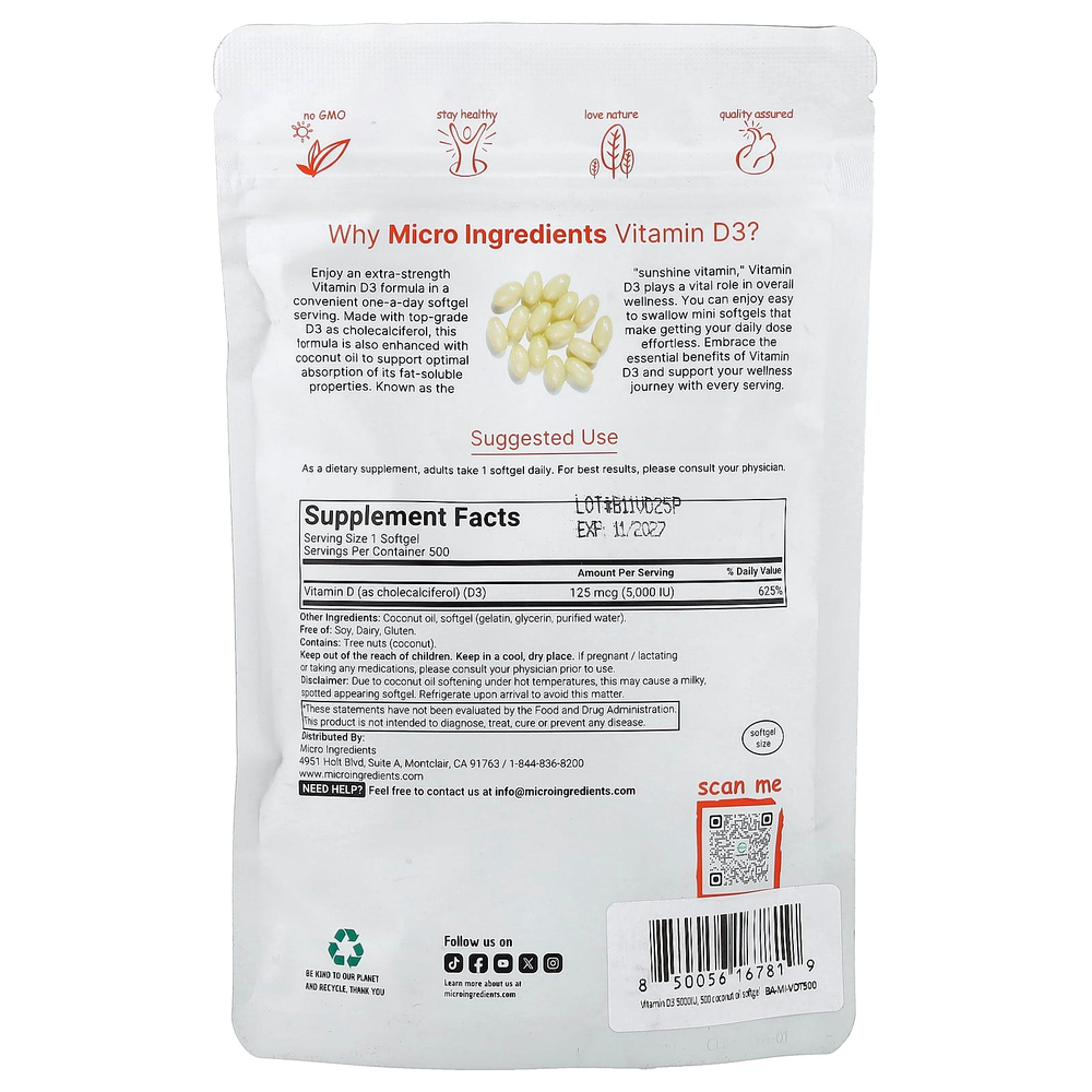 Micro Ingredients, Витамин D3, 5000 МЕ, 500 мягких таблеток
