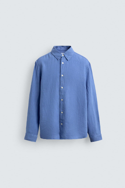 ZARA РУБАШКА ИЗ 100% ЛЬНА, ЛИНЯЛЫЙ СИНИЙ