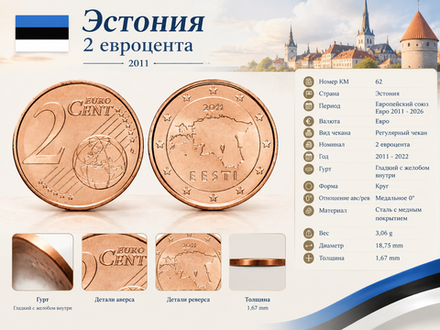 Эстония 2 евроцента, 2011-2022 Карта XF