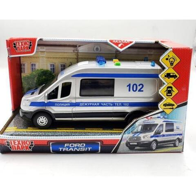 Модель ин. пласт. "Ford Transit. Полиция" 22,5см, двери, серебр, свет-звук, коробка (Технопарк)
