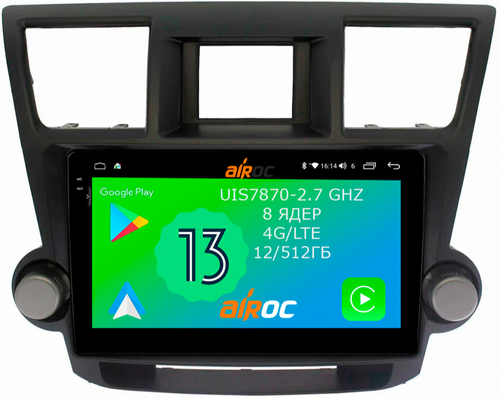 Магнитола для Toyota Highlander 2 2007-2013 XU40 - Airoc 2K AU-1122 Android 13, Быстрейшая, SIM-слот (крутилки декоративные)