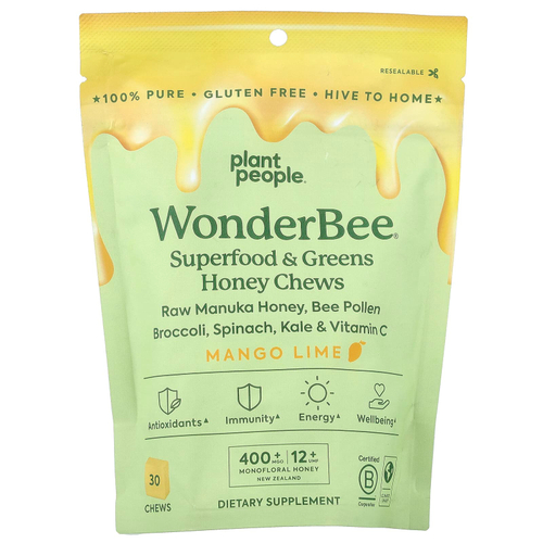 Plant People, WonderBee®, суперфуды, зелень, мед, манго и лайм, 30 жевательных таблеток