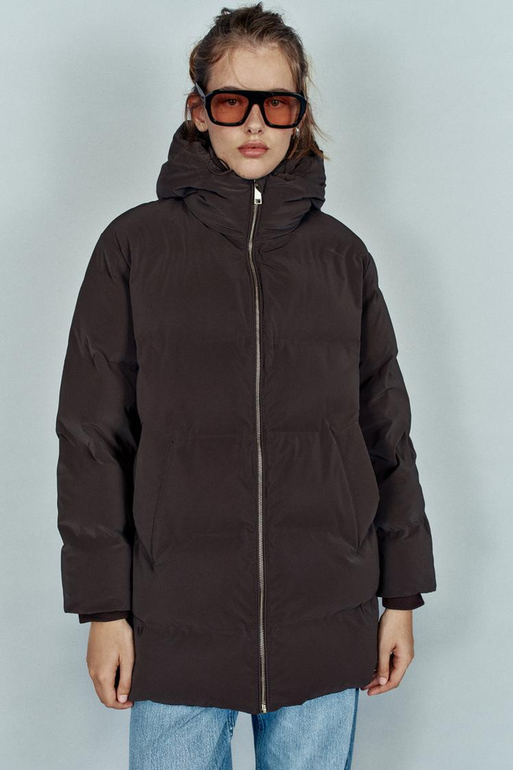ZARA ВЕТРОЗАЩИТНЫЙ ПРОРЕЗИНЕННЫЙ АНОРАК С КАПЮШОНОМ, КОРИЧНЕВЫЙ