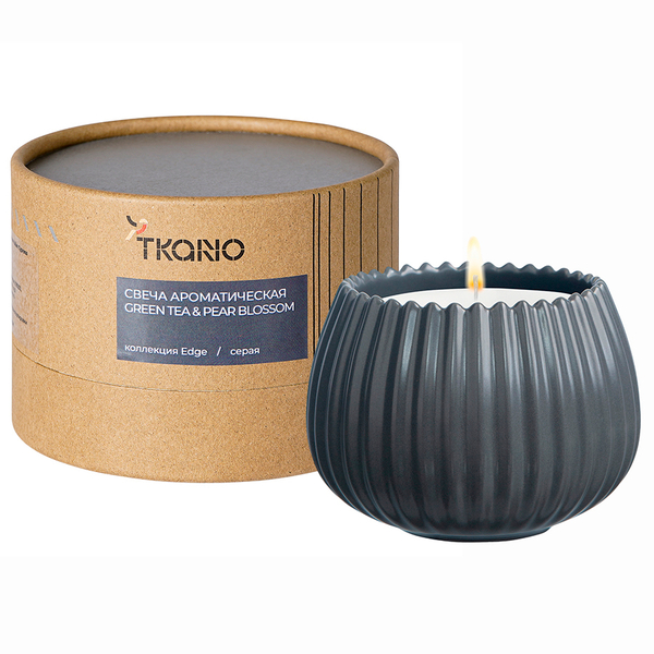 Свеча ароматическая Tkano Edge Green tea & Pear blossom серая 30ч