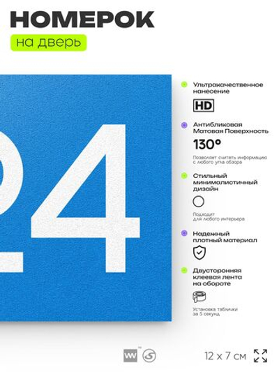 Номер на дверь 524, табличка на дверь для офиса, квартиры, кабинета, аудитории, склада, голубая 120х70 мм, Айдентика Технолоджи