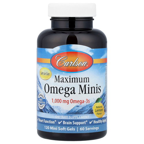 Carlson, Maximum Omega мини, натуральный лимон, 120 мини-капсул (500 мг в 1 капсуле)