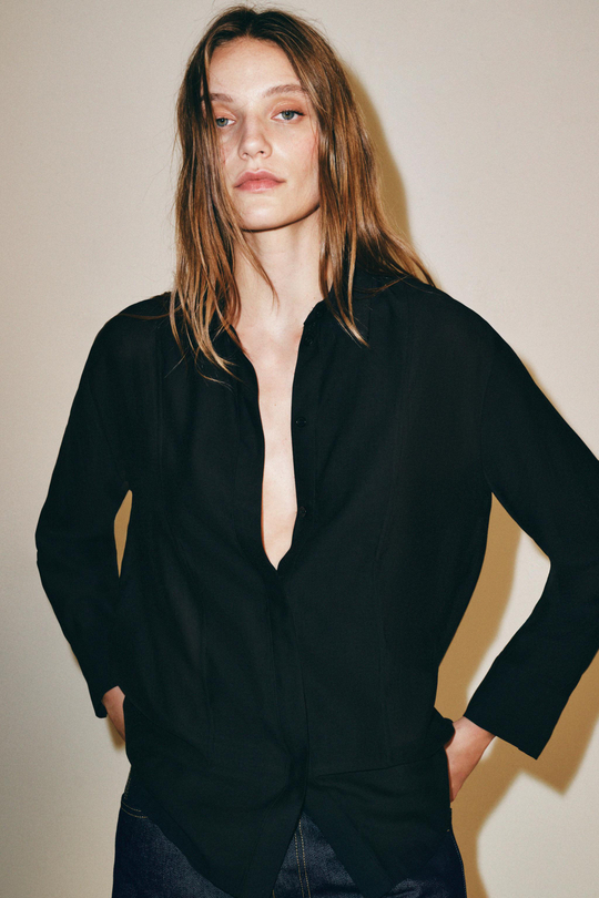 ZARA ОДНОТОННАЯ РУБАШКА С ПЛАНКОЙ — ZW COLLECTION, ЧЕРНЫЙ
