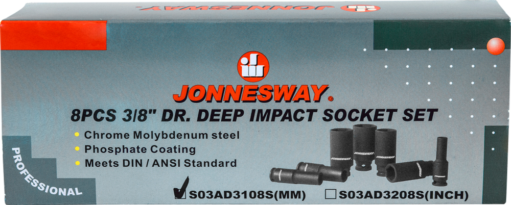 S03AD3108S Набор головок торцевых ударных глубоких 3/8"DR, 10-19 мм, 8 предметов