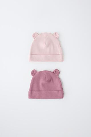 ZARA НАБОР ИЗ ДВУХ ШАПОК В РУБЧИК С УШКАМИ, РОЗОВЫЙ