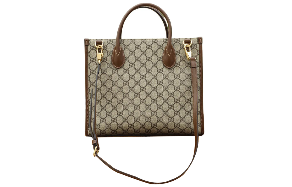 GUCCI Canvas With Leather Tote Shopping Bag, Shoulder Bag, Crossbody Bag, Handbag Small Unisex Ebony/Brown