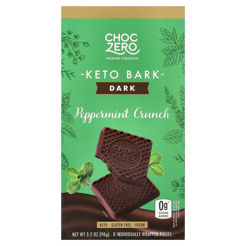ChocZero, Keto Bark, темный шоколад, перечная мята, 8 батончиков, 90 г (3,2 унции)