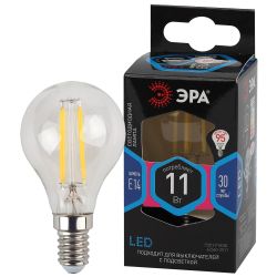 Лампа светодиодная ЭРА F-LED P45-11W-840-E14 11Вт филамент шар нейтральный белый свет Е14 | Филаментные декоративные