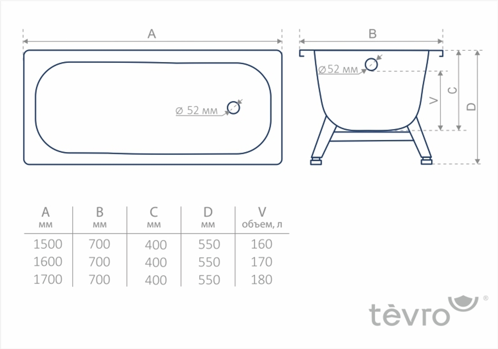 Стальная ванна ВИЗ Tevro (Тевро) 170x70, с ножками
