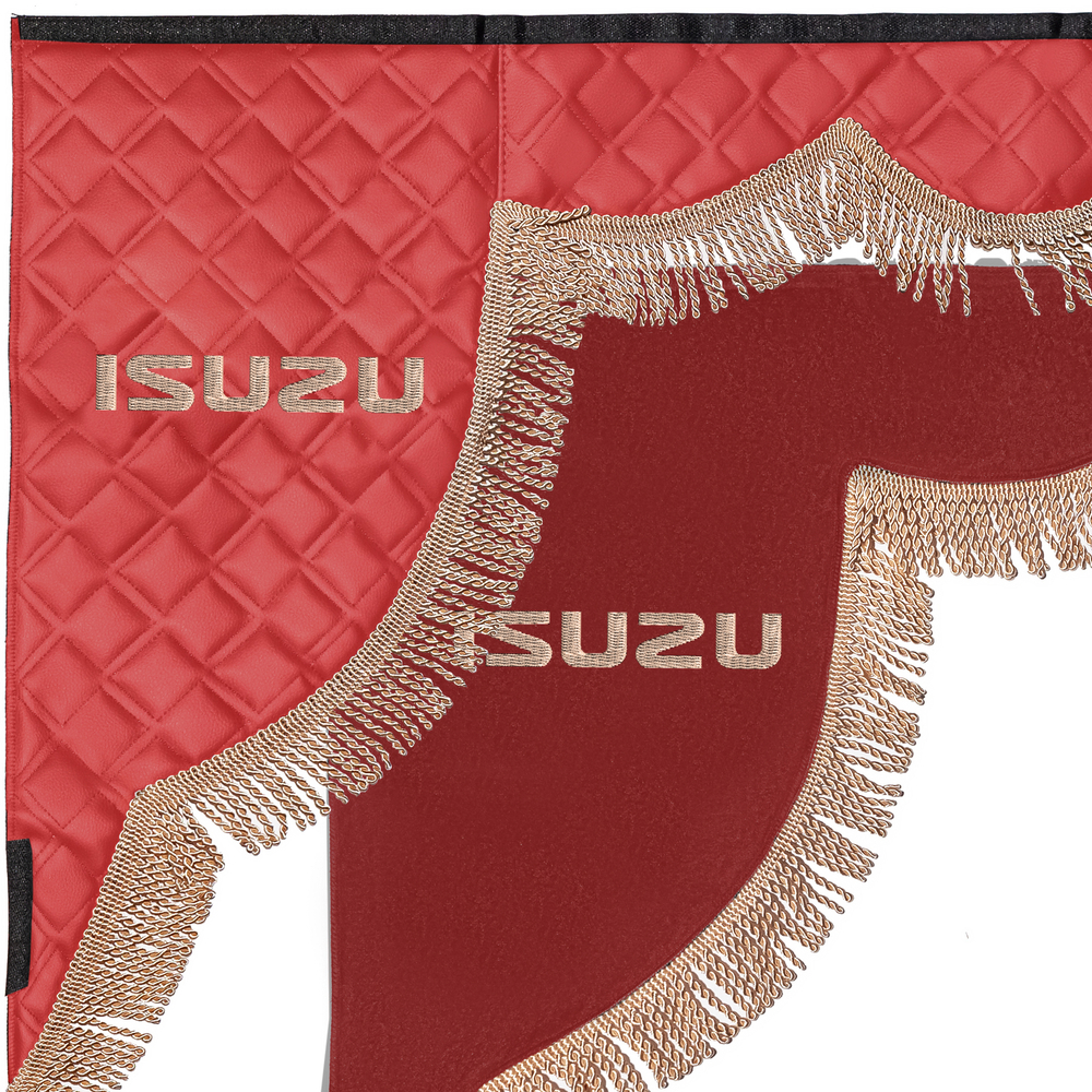 Ламбрекен с косынками стеганые Isuzu (экокожа, красный, бежевая бахрома "закрутка")