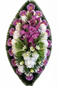 Венок траурный из искусственных фиолетовых гладиолусов и гербер