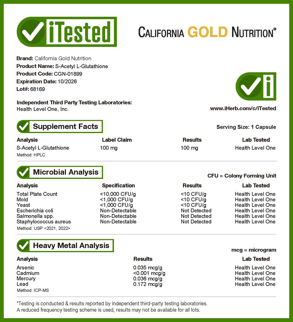 California Gold Nutrition, S-ацетил-L-глутатион, 100 мг, 30 растительных капсул