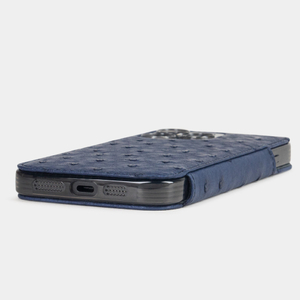 Чехол для iPhone 16 Pro из кожи страуса, синего цвета