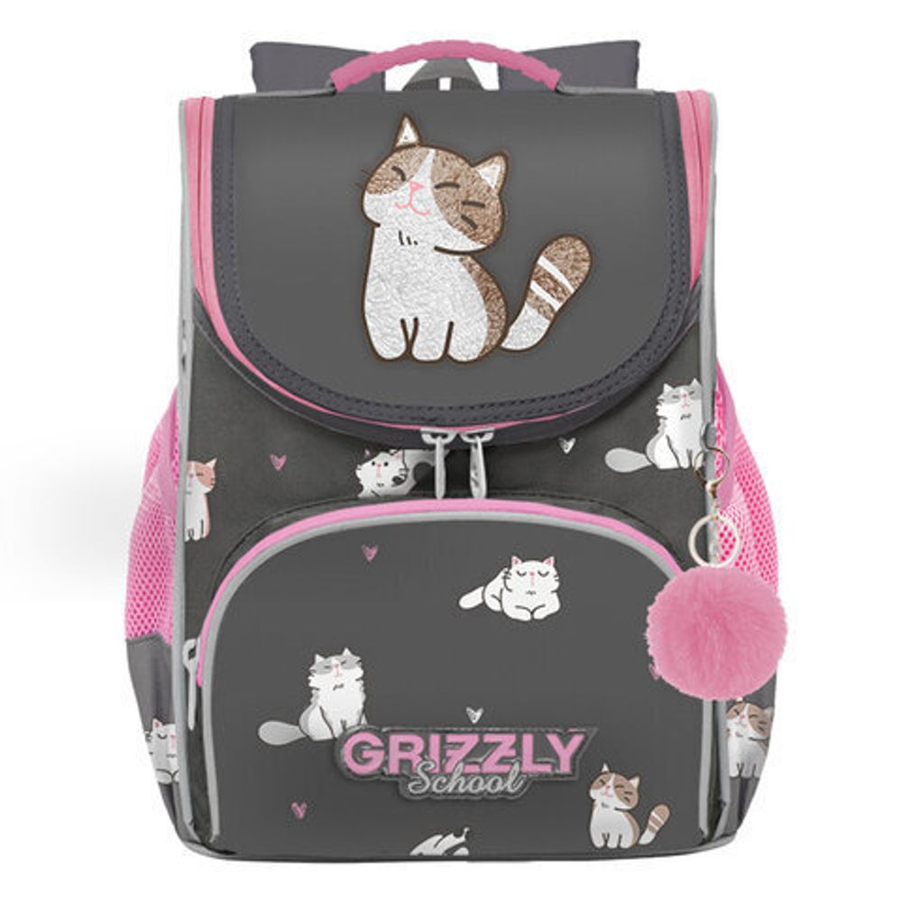 Ранец GRIZZLY анатомическая спинка, с мешком для обуви, для девочек, "CATS", 33х25х13 см, RAm-384-9/1