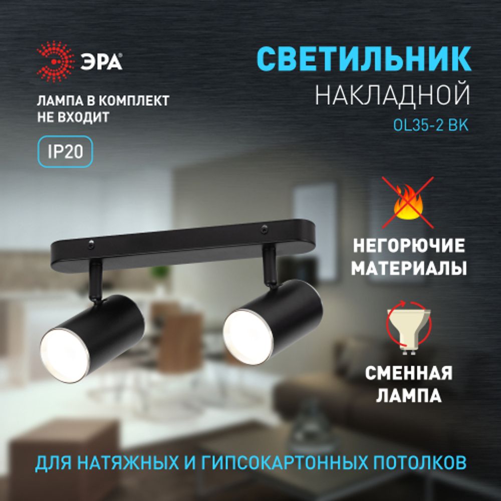 Светильник настенно-потолочный спот ЭРА OL35-2 BK MR16 GU10 IP20 черный хром | Накладные светильники