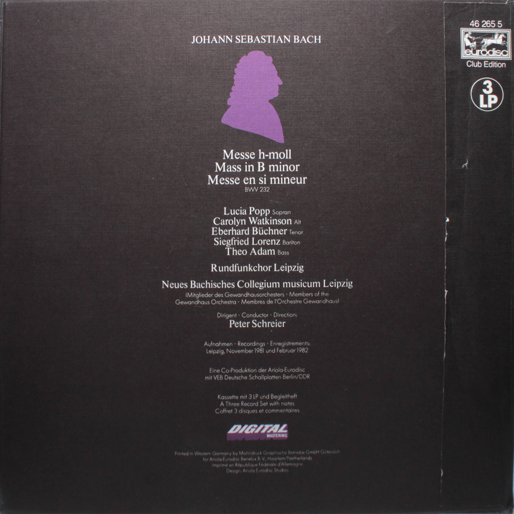Peter Schreier, Popp, Watkinson, Adam, Buchner, Lorenz / Johann Sebastian Bach: Messe In H-moll BWV 232 (3LP)