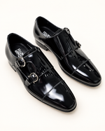 Мужские кожаные монки Ferragamo с двумя пряжками — чёрные
