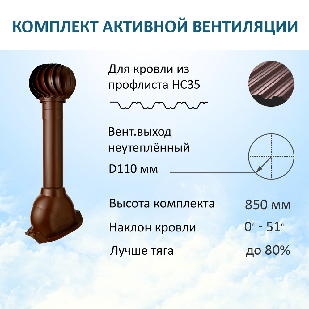 Комплект активной вентиляции: Вентиляционный выход D110 не утепленный высота H=500 мм, проходной элемент PROF-35 для металлопрофиля кровельного профнастила 35мм, турбодефлектор Ø 110 мм, коричневый