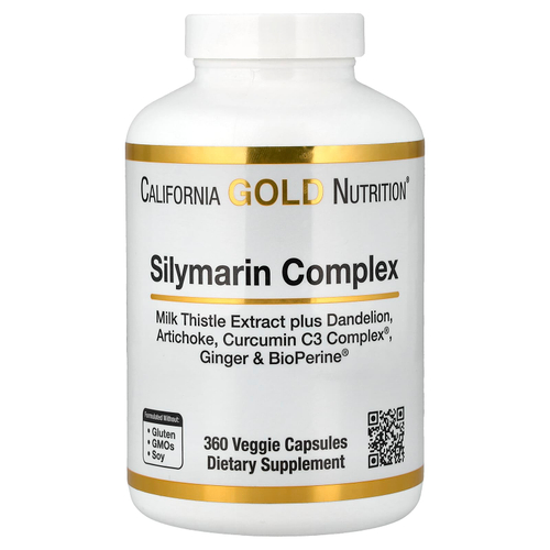 California Gold Nutrition, комплекс с силимарином с экстрактом расторопши, а также одуванчиком, артишоком, имбирем и BioPerine®, 360 растительных капсул